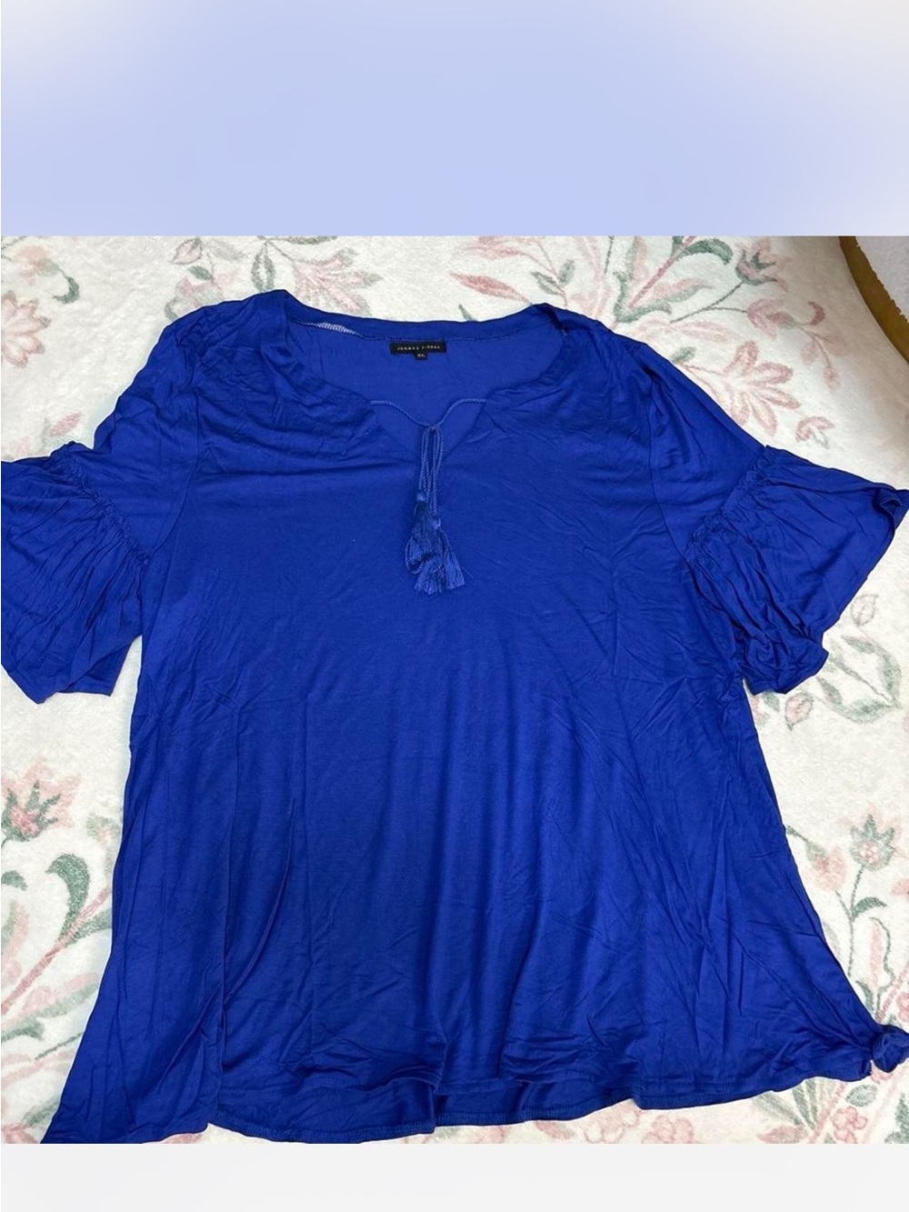 JEANNE PIERRE Cobalt Blue Tassel Tie Short Sleeve Tunic